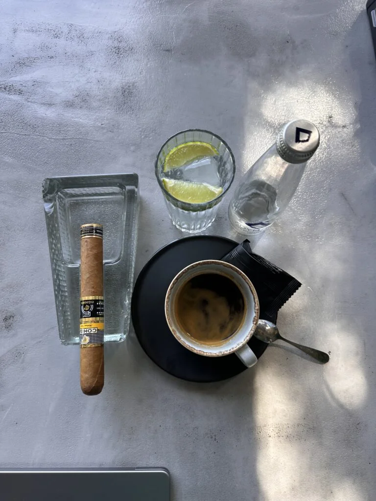 Cohiba Ideales with double espresso and sparkling water
